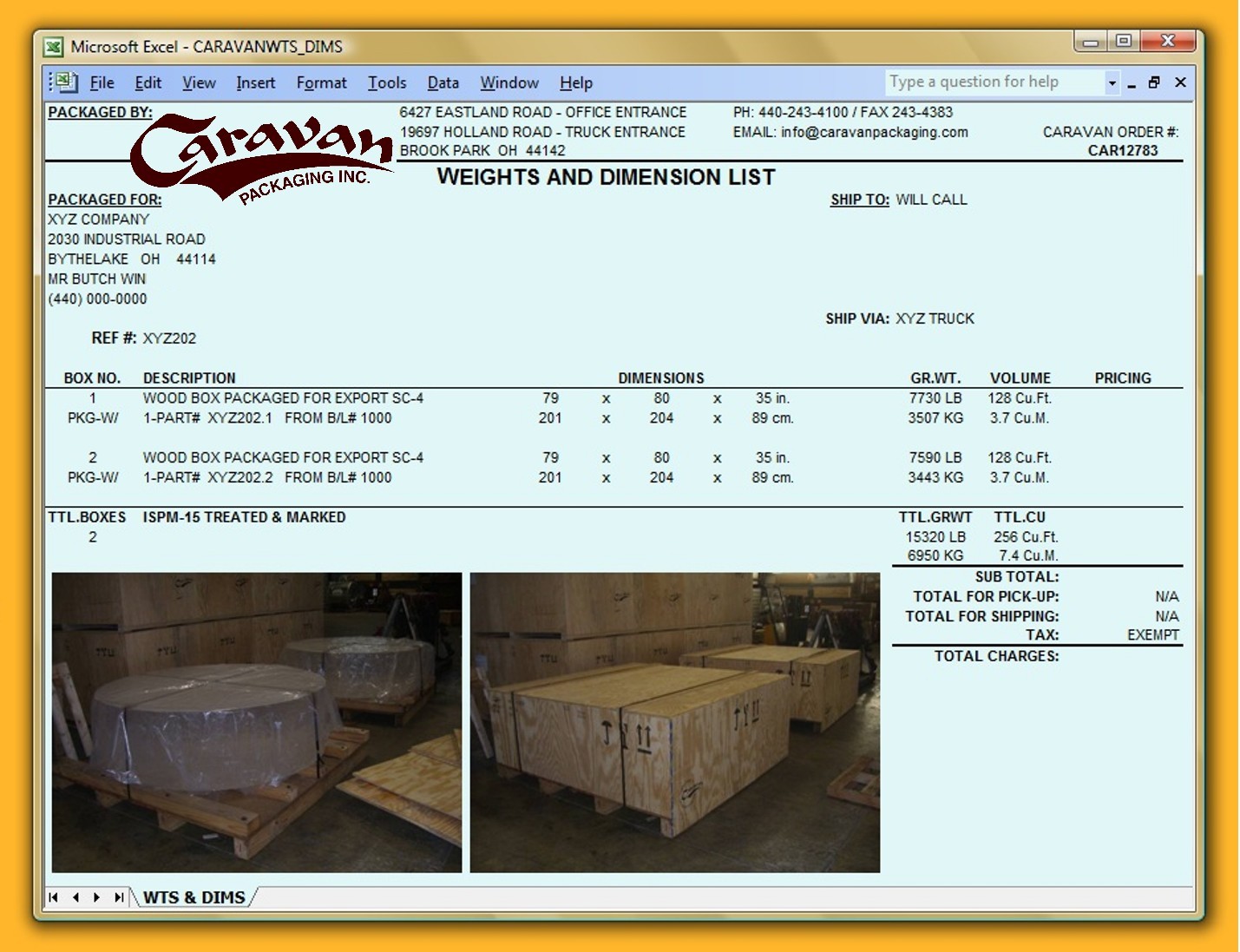 Sample Weights and Dimensions List